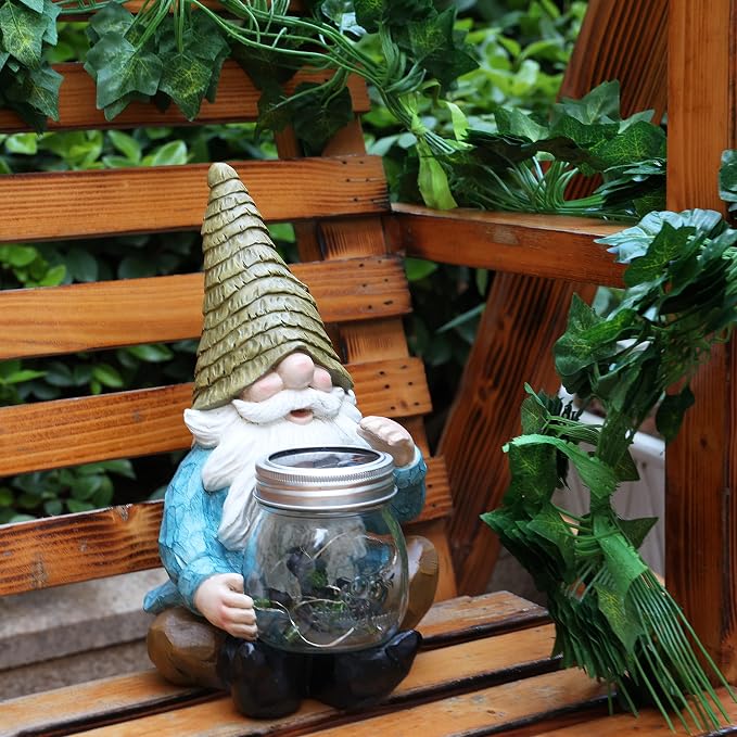 Solar Firefly Jar Gnome Resin LED Garden Statue | Waterproof hand-painted resin; flickering firefly LED lights; holiday gift for women mom grandma