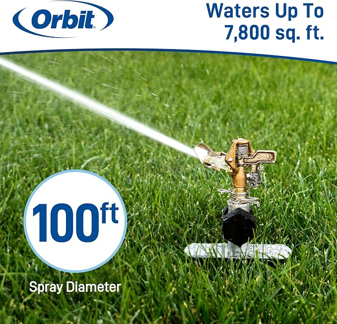 Orbit Lawn Sprinkler 56946 | Heavy‑Duty Brass Impact Head | Adjustable 360° Coverage | Up to 90 ft Diameter | Zinc Spike Base | Durable Outdoor Watering