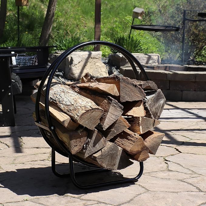 Sunnydaze 24-Inch Firewood Rack with Cover - Black Indoor Firewood Holder - Log Holder Hoop and Cover Set - 300-lb Capacity