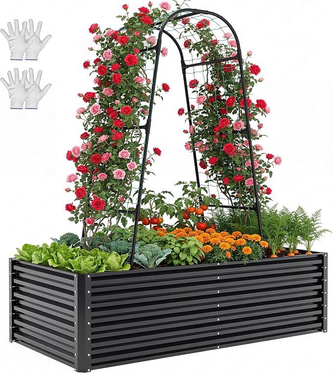 YITAHOME 6x3x2ft Galvanized Raised Garden Bed with Tall Arch Trellis, Galvanized Planter Box with Vertical Netting, Gloves, Support Rod, Outdoor Flower Bed for Plants, Vegetables, Flowers, Black