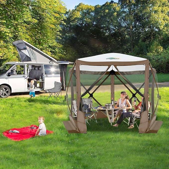 COBIZI 10x10 FT Pop up Gazebo, Popup Canopy Tent,Instant Screened in Gazebos, Waterproof Portable Outdoor Small Screen Tents Sun Shelter,carpas para Patio for Camping, Garden and Backyard,Brown