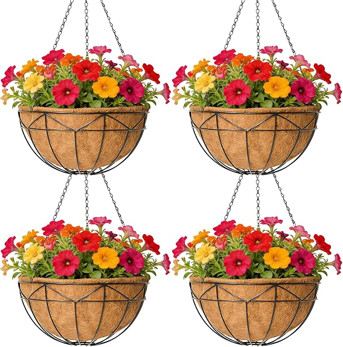 Unique Metal Iron Geometric Hanging Planter Set of 4 Stylish 12 Inch Extra Deep Coco Liner Breathable Heavy Duty Balcony Tree Hanging Basket Drop Weatherproof