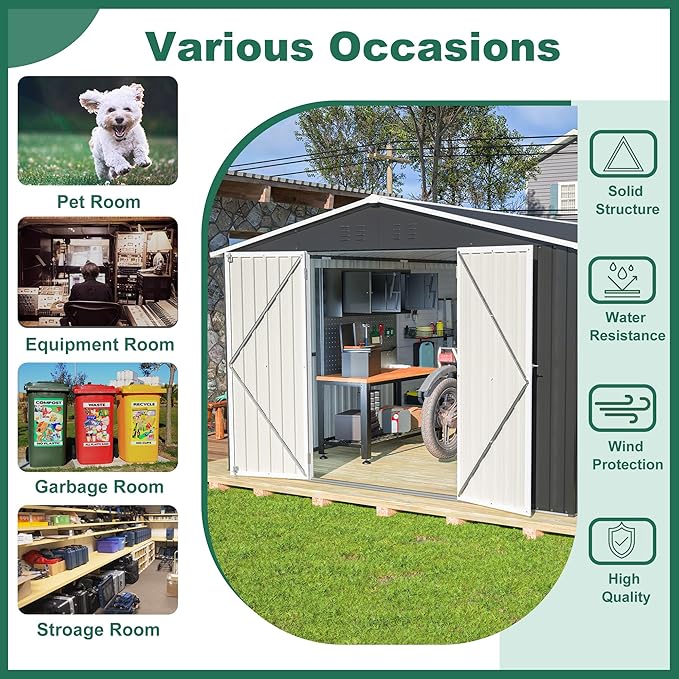KEIKI Storage Shed 10x12 FT, Large Metal Tool Shed for Outdoor Storage, Galvanized Steel Garden Shed with Lockable Doors for Patio, Backyard, Lawn, Black