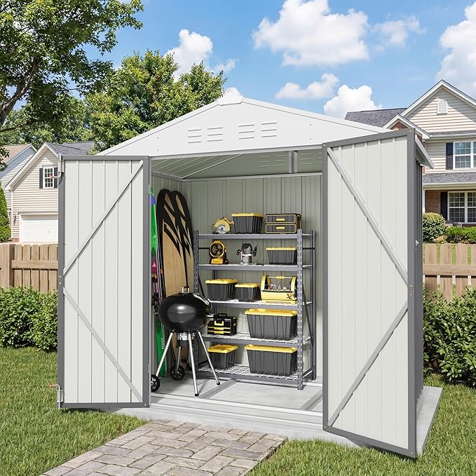 Greesum 6x4FT Outdoor Storage Shed with Base, Utility Tool Shed with Sloping Roof, Metal Storaged Garden Shed with Door & Lock for Patio Storage, Gray