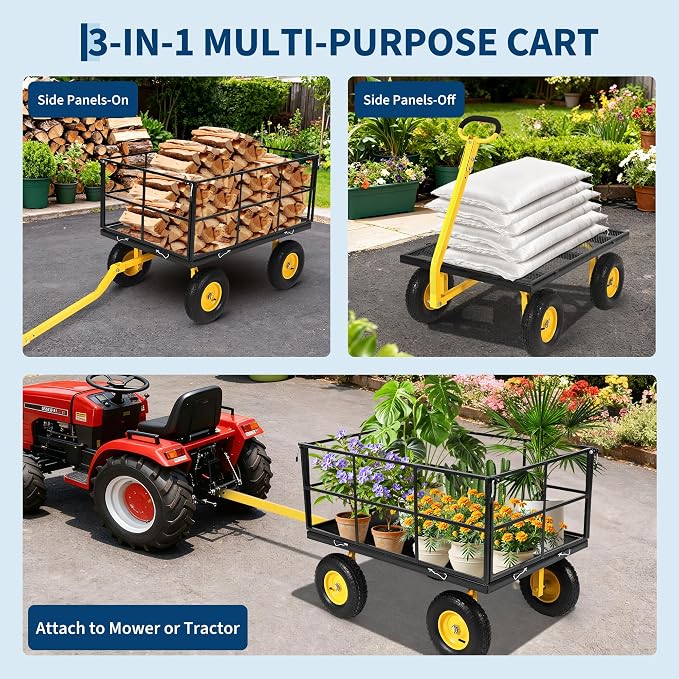 Heavy Duty 1500 Lbs Steel Garden Cart – 3-in-1 Utility Wagon & Trailer with Removable Mesh Sides, 13" All-Terrain Tires, 180° Rotating Handle for Lawn, Yard, Gardening Tasks, Outdoor Hauling
