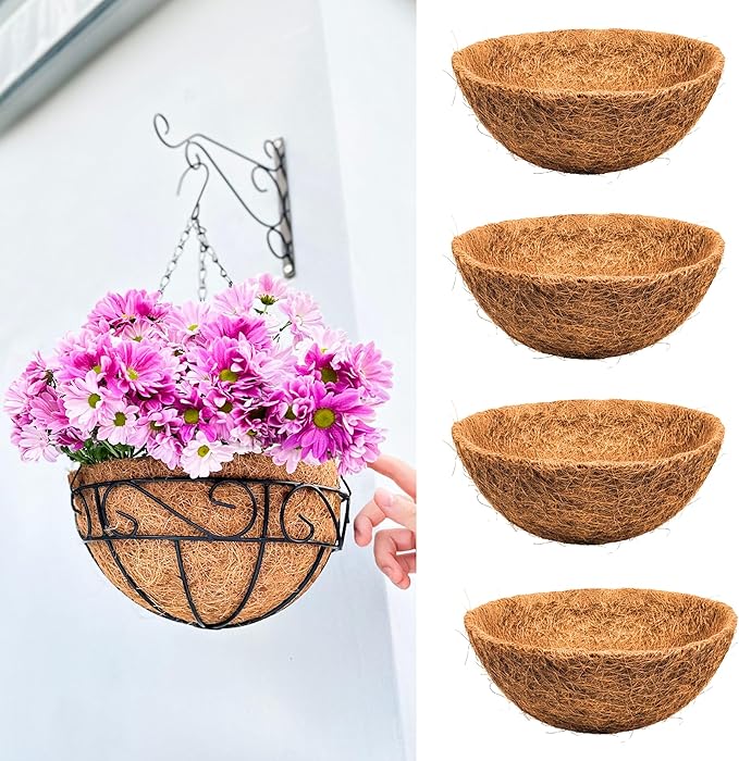 LaLaGreen 10'' (4 Pack, Round) Coco Liners for Hanging Basket – Small Coir Fiber Replacement for Flower Pot, Garden Holder, DIY Outdoor Planter – Multi Sizes 10/12/14/16/18/20 Inch & Different Shapes