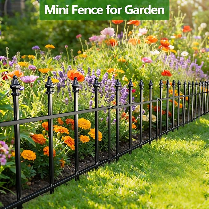 Decorative Metal Garden Fence，(5 Panels+ 6 Posts),Total Iength 7 ft(W) x 11 in(H), Small Metal Border Fence, Classic Roman Column Decoration, Garden and Lawn Landscape Fence, Black Animal Fence