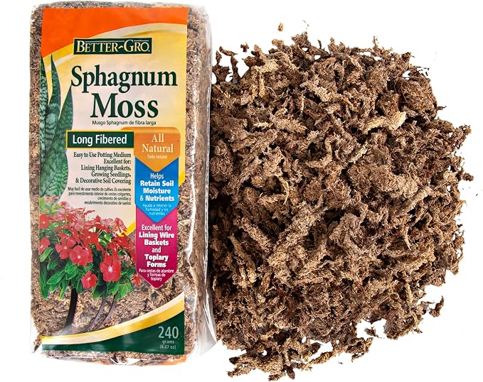 Better-Gro Sphagnum Moss - 100% Natural, Long-Fiber Moss for Orchids, Ferns, and Hostas, Excellent for Hanging Baskets and Propagating Plants - 240 Cubic Inches (Pack of 12)