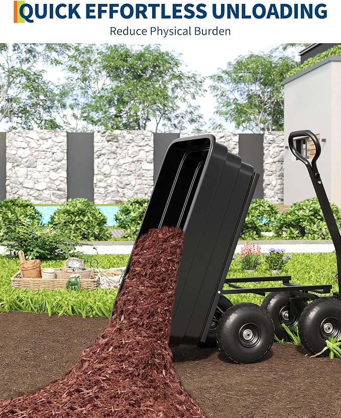 GarveeLife Poly Dump Cart - Heavy Duty 1200lbs Garden Cart with Quick-Release Dumping 13" Tires, Utility Wagon for Yard Work, Landscaping, Gardening