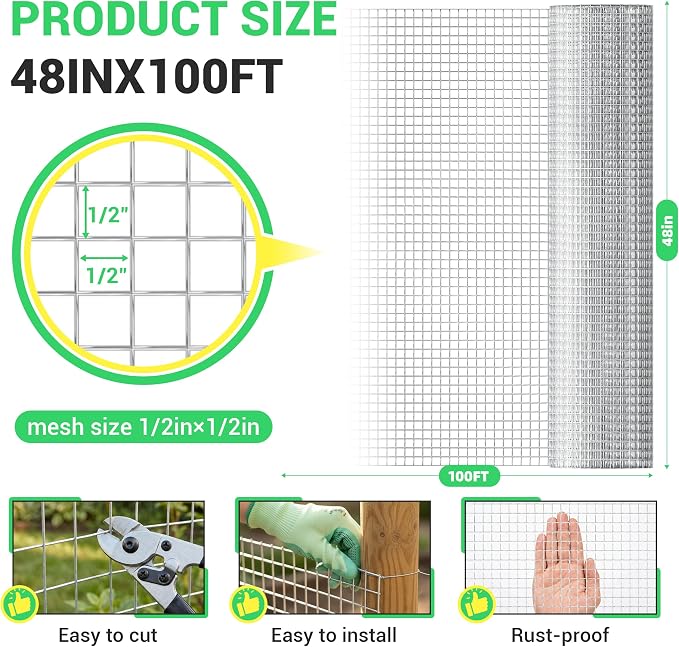 Land guard 19 Gauge Hardware Cloth, 1/2 inch 48inch×100ft Chicken Wire Fence, Galvanized Welded Cage Wire Mesh Roll Supports Poultry Netting Cage Fence………
