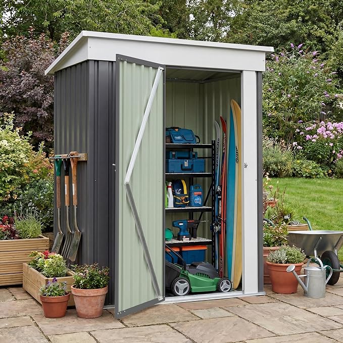 Greesum 5x3FT Outdoor Storage Shed with Base, Utility Tool Shed with Sloping Roof, Metal Storaged Garden Shed with Door & Lock for Patio Storage, Gray