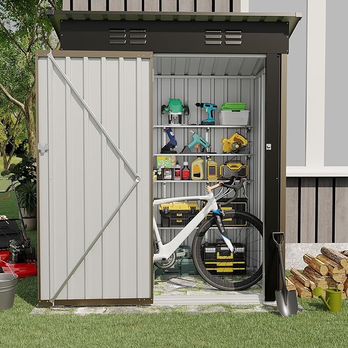 5x3 ft Outdoor Storage Shed & Tool Shed, Metal Garden Shed with Sloping Roof and Lockable Door, Compact Utility Shed for Backyard, Patio, Garden Storage, Brown