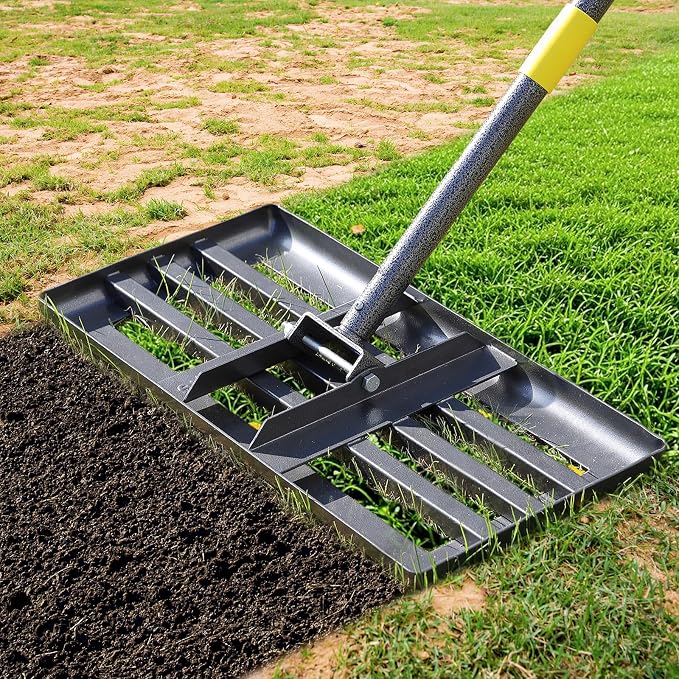 Lawn Leveling Rake, 62 Inch Adjustable Long Handle Leveling Rake, Black Heavy Duty & 1 Inch Diameter Stainless Steel Handle Lawn Rakes, Lawn Leveler Tool for Soil Grass Golf Field Yard