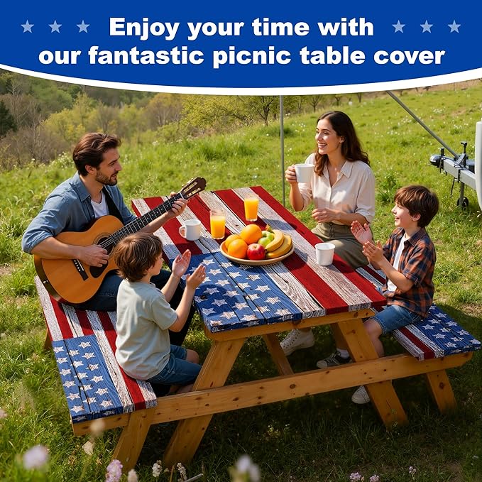 Picnic Table Cover with Bench Covers 6FT,Camping Essentials American Flag Waterproof Windproof Fitted Outdoor Tablecloth with Elastic Rectangle Table Cloth Camping Accessories