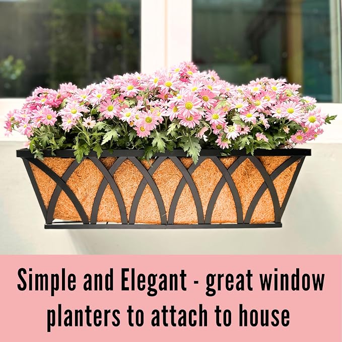 LaLaGreen Wall Hanging Planters (2 Pack, 30 Inch) Balcony Fence Planter with Coco Liner, Metal Window Planter Box Attach House Outdoor Flower Basket Plant Holder Rail Railing Deck Porch Horse Trough