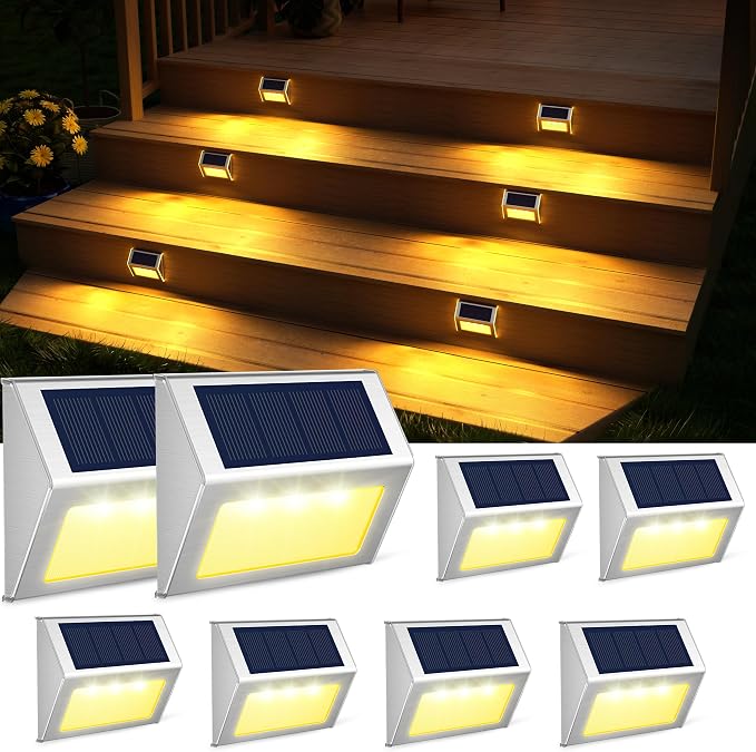 JSOT Solar Lights Perfect for Deck, Fence, Stair, Step Decor-Warm White-8P | Stainless steel material, waterproof, Solar Powered, yard, patio deck rail