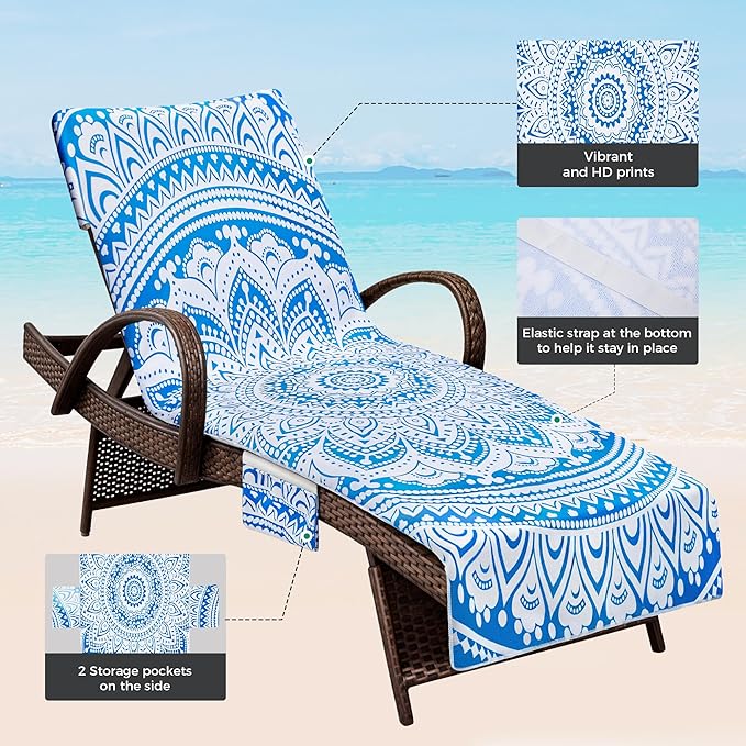 Lounge Chair Towel Covers, 2 Pack Outdoor Chaise Lounge Slipcover, 83" X 29" Bohemia Style Microfiber Beach Chair Cover, Soft Absorbent Chaise Cover with Pockets for Pool Garden Patio