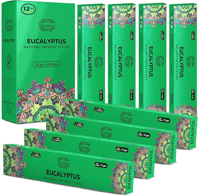Raajsee Incense Sticks – Eucalyptus (180 gm), 100% Pure Organic Natural Hand Rolled Free from Chemicals - Perfect for Aromatherapy, Cleansing, Meditation, and Church (Pack of 12)