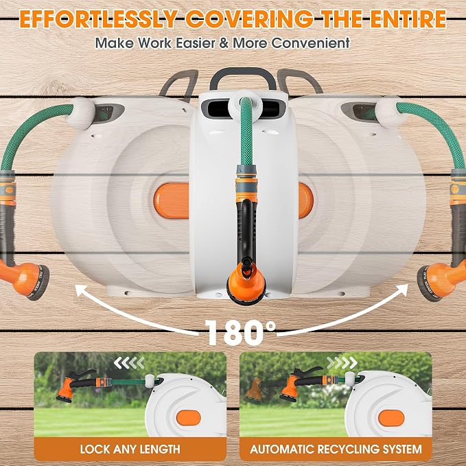 Retractable Garden Hose Reel - 1/2 inch x 100ft Wall Mounted Hose Reel with 3/4 inch Brass Fitting & 8 Function Sprayer Nozzle - Any Length Lock, Auto Rewind System, 180°Swivel Bracket