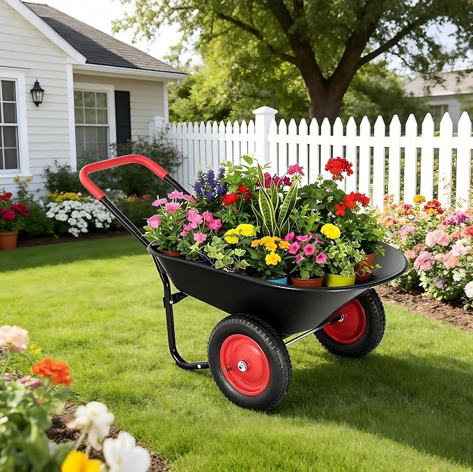 Autodaya Dual-Wheel Garden Cart, 14" Pneumatic Tires & Built-in Stand, 4.5 Cu Ft Utility Yard Wheelbarrow for Gardening, Soil, Construction, Easy Assembly,Red