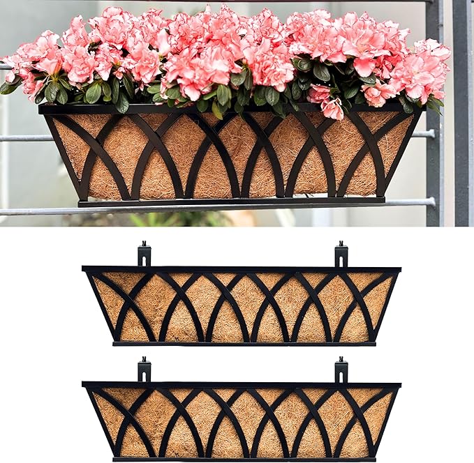 LaLaGreen Railing Planter Boxes (24 Inch, 2 Pack) Black Metal Rectangular Window Flower Box with Coco Liner, Hanging Planters for Outdoor Plants Bracket Holder Deck Rail Fence Balcony Porch Garden