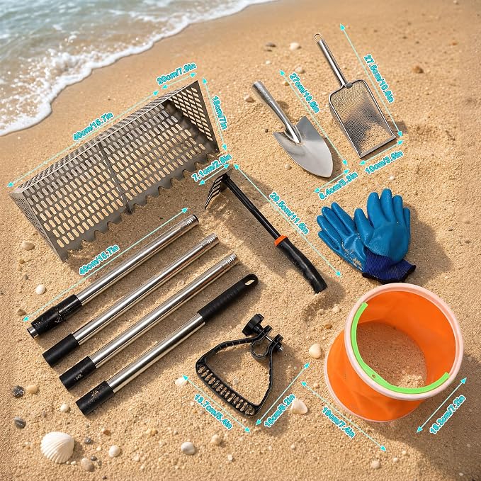 Sand Flea Rake Set with Handle, Shark Tooth Sifter & Mesh Scoop, Stainless Steel Beach Sand Sifter Kit with 5-Tooth Rake, Glvers & Foldable Bucket for Collecting Sand Fleas, Shells & Cleaning Coops