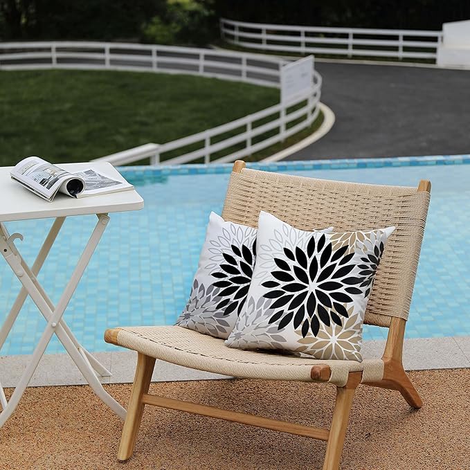 DFXSZ Black Brown Outdoor Pillow Covers 20x20 Inch Set of 2 White Gray Flower Throw Pillows Farmhouse Outdoor Modern Floral Polyester Square Cushion Case Decor for Patio Funiture Garden 002B20