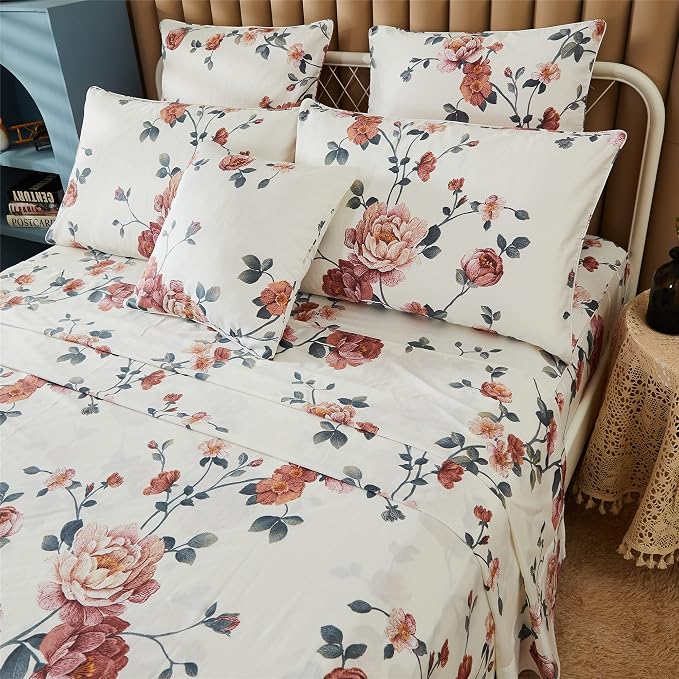 FADFAY Sheets Set Twin XL Shabby Beige Floral Bedding Elegant Peony Sheets Set Vintage Flower Bedding Collections 800 Thread Count 100% Egyptian Cotton Deep Pocket Fitted Sheet, 4Pcs-Twin XL Size