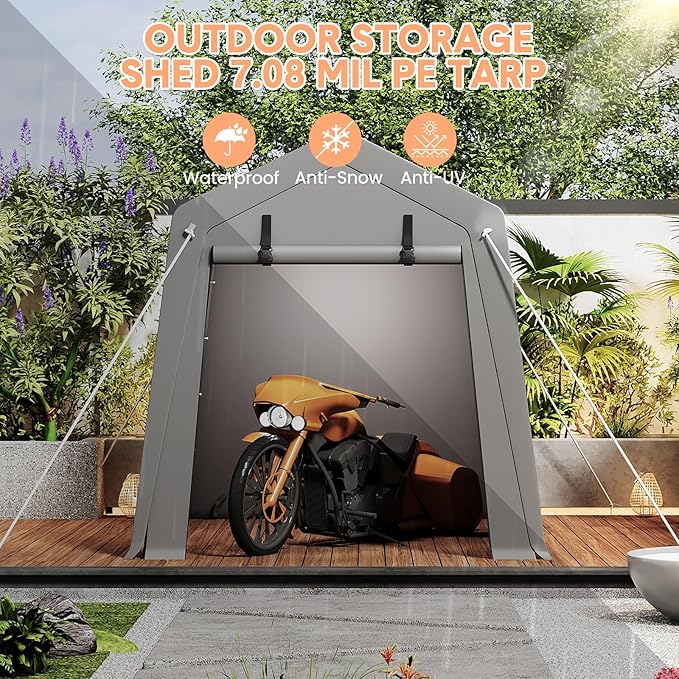 Portable Carport Storage Shed, 6' x 6' Motorcycle Tent, Waterproof & UV-Resistant with Roll-Up Zipper Doors, Gray Outdoor Shelter for Bikes, Tools & Equipment