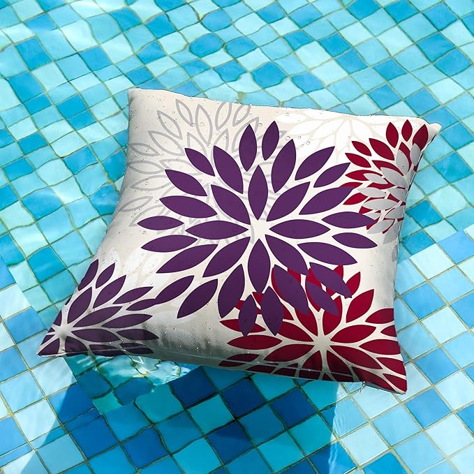 DFXSZ Purple Wine Red Flower Pillow Covers 18x18 Inch Set of 2 Outdoor Throw Pillows Outdoor Waterproof Decor for Living Room Sofa Patio Funiture Garden Floral Polyester Pillow Covers 002T18