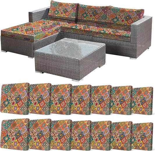 CALBODE 14Pcs Stretch Patio Cushion Cover, Bohemian Colored Geometric Pattern Couch Covers for Patio Furniture Cushions Washable Reusable Couch Covers Replacement for Fall Winter(Cover Only)