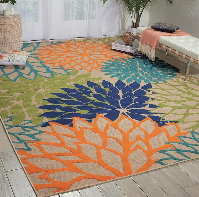 Nourison Home Aloha Indoor/Outdoor Multicolor 9'6" x 13' Area Rug, Tropical, Botanical, Easy Clean, Non Shedding, Bed Room, Living Room, Dining Room, Deck, Backyard, Patio (9x13)
