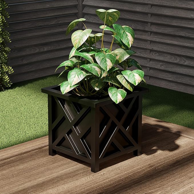 Lattice Design Outdoor Planter Box - 14.75” Square 13” Tall Black Plant Pot - Decorative Plant Pots for Front Porch Decor - Flower Pots Outdoor Planters for Porch Patio or Garden Decor by Pure Garden