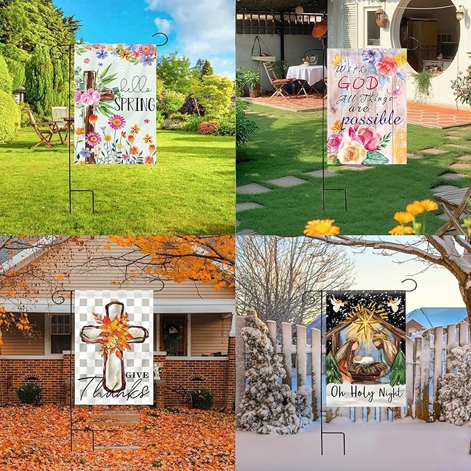 Christian Seasonal Garden Flags Set of 12 Double Sided 28 x 40 Inch Cross Yard Flags, Large Flags for Outside, Fall Winter Easter Christmas Outdoor Flags, Holiday House Flags for All Seasons