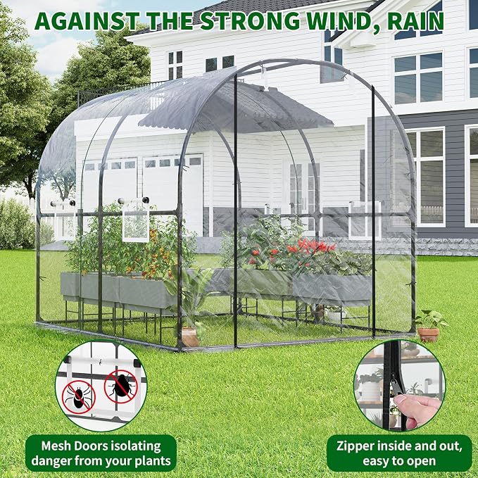 GarveeHome 6.6X8.2x6.6 Tunnel Greenhouses, Heavy Duty Walk-in Greenhouse for Outdoors with PE Cover, Instant Pop-Up Sturdy Metal Frame Hoop House with Zippered Roll-Up Door &4 Ventilated Mesh Windows