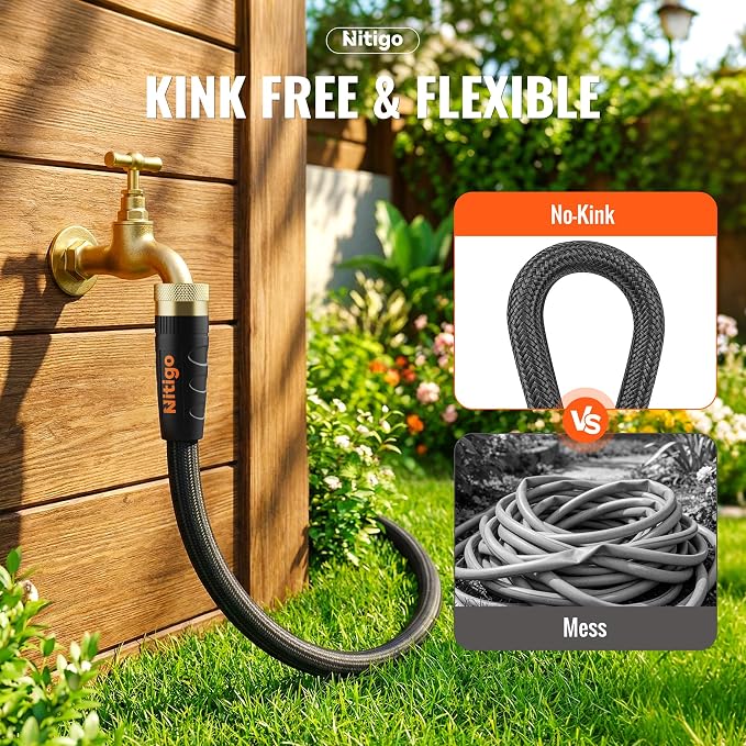 Nitigo Ultra Lightweight Garden Hose 50 FT, Non-Expanding Flexible Water Hose with 10-Function Sprayer, Kink-Free, Nylon Outer Layer, Burst 280 PSI for Outdoor Gardening, Pet Bathing (3/4" GHT)