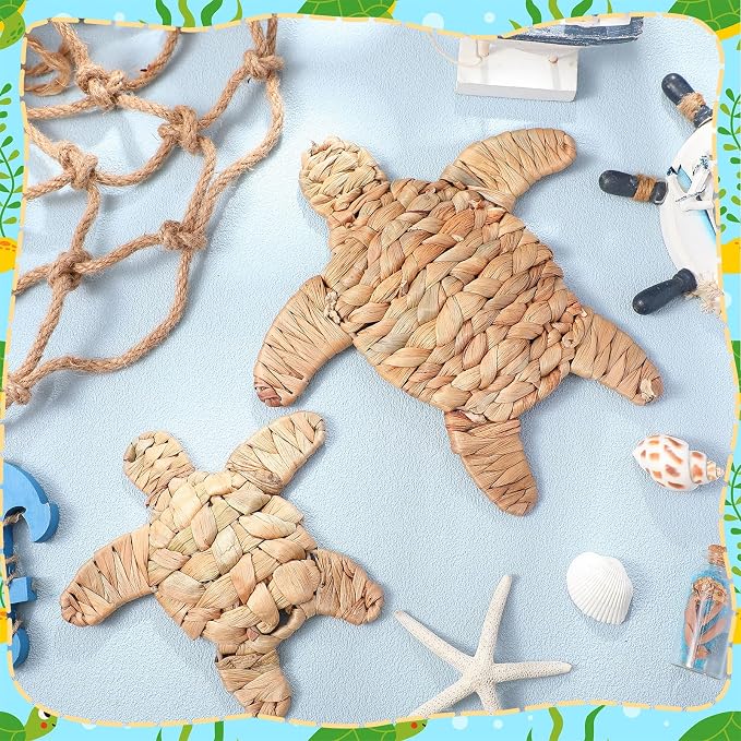 Threehoney 2 Pcs Sea Turtle Beach Theme Decor 2 Size Handmade Wicker Turtle Wall Decor Sea Life Hanging Wall Art Coastal Nautical Sculpture Table Decoration for Boho Bathroom Indoor Outdoor Ornament