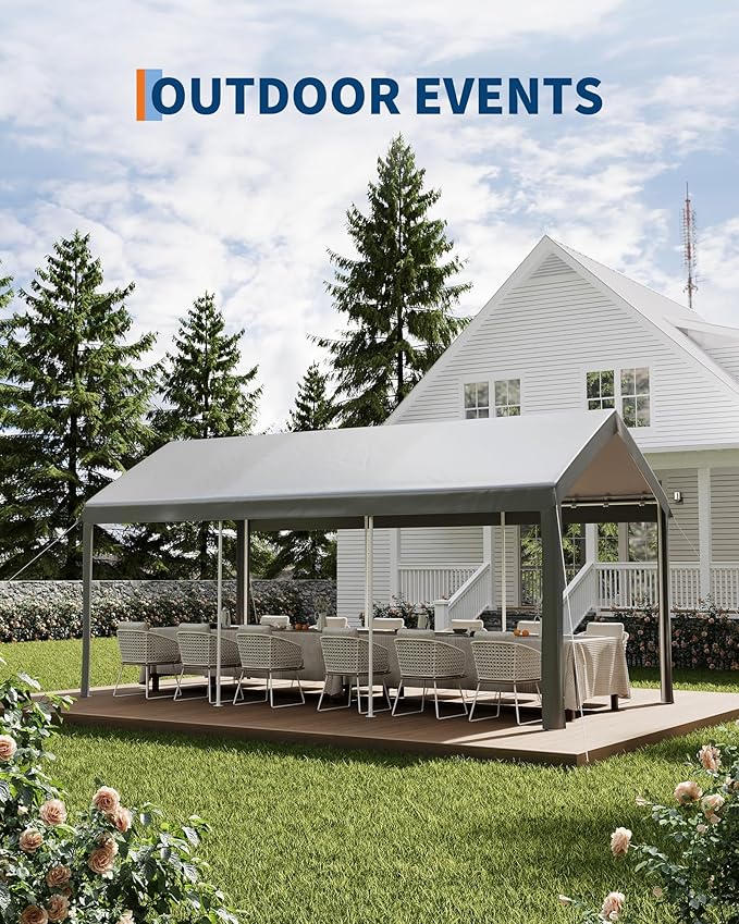 CABIHOME 10 x 20 ft Heavy Duty Carport Canopy, Portable Car Tent Garage with Roll-Up Door, All-Season Tarp Cover, Removable Side Walls, Outdoor Storage Shelter Shed for Car SUV Boats Truck, Grey