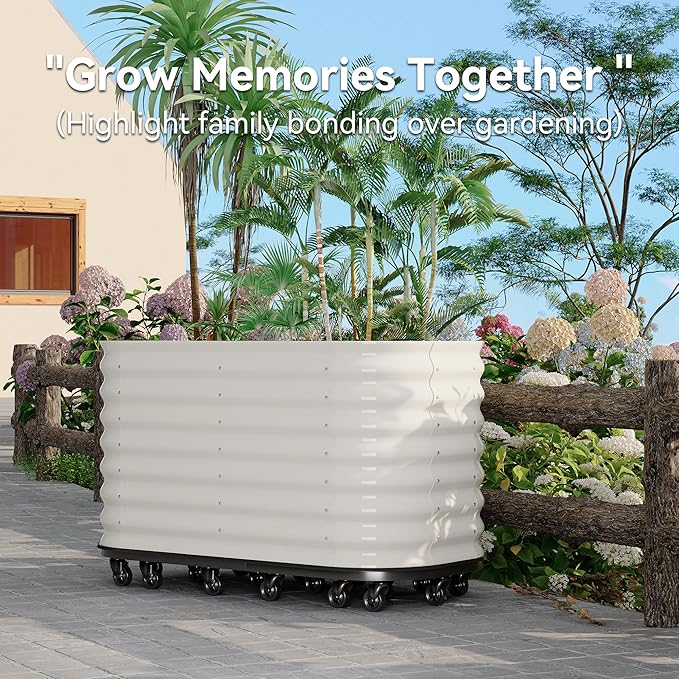 GarveeHome Self-Watering Wheeled Metal Garden Bed – Mobile Raised Planter Box with Water, Galvanized Steel Indoor/Outdoor Rolling Grow Station for Herbs, Veggies & Decor （59 in x23.6 in x27.5,White