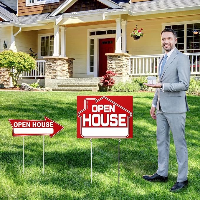 Open House Signs for Real Estate (9 Pcs), 6 Pcs Directional Arrows Signs, 3 Pcs Open House Sign, Double Sided Large Yard Sign with Stakes, Real Estate Agents Supplies, Flag - compatible, Red