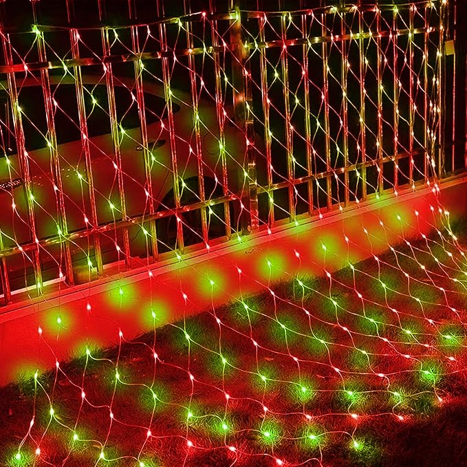 Dazzle Bright Christmas Net Lights, 360 LED 12FT x 5 FT Transparent Wire Waterproof Connectable String Lights with 8 Modes for Bushes Garden Party Holiday Decoration (Red and Green)