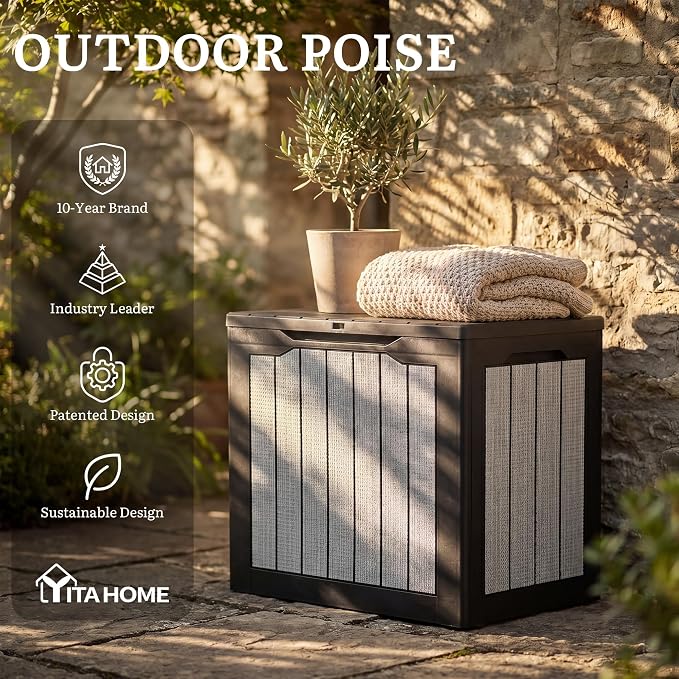 YITAHOME 35 Gallon Deck Box, Waterproof Resin Outdoor Storage Box, Doubles as Bench Seating for Patio Furniture Cushions,Garden Tools & Pool Accessories, Black & Gray