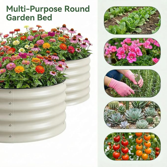 Sponvatt 2 Pcs Round Galvanized Raised Garden Bed Kit 24 x 12 Inch Metal Planter Box Outdoor with Safety Rubber Edge Trim Rust Proof Weather Resistant Circular Steel Garden Beds White 12 Inch Deep