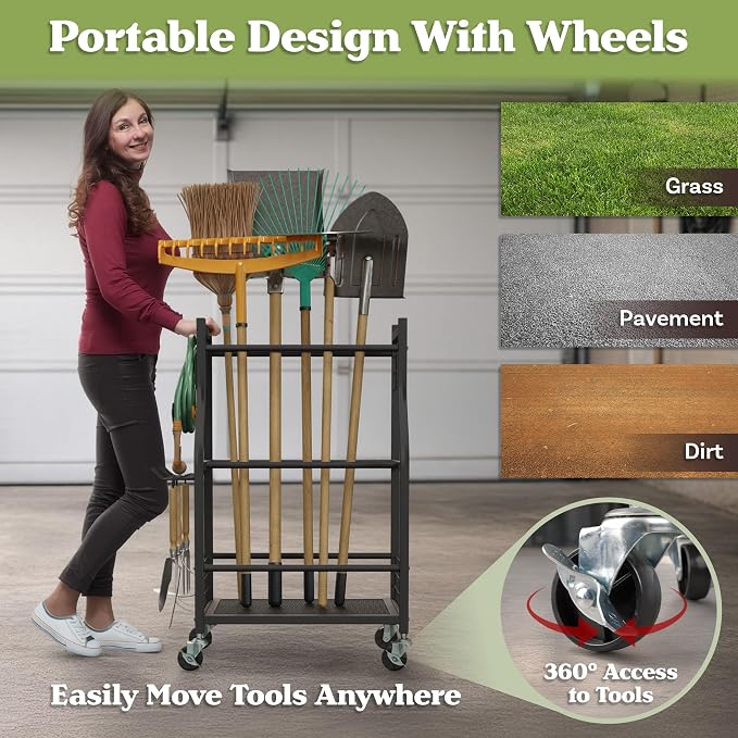 Garage Garden Tool Organizer with Wheels - Yard Tool Storage Rack with 28 Slots for Long Handles, 10 Hooks, 2 Cord Wrappers, and Locking Wheels - Shed or Garage Organization by Pure Garden