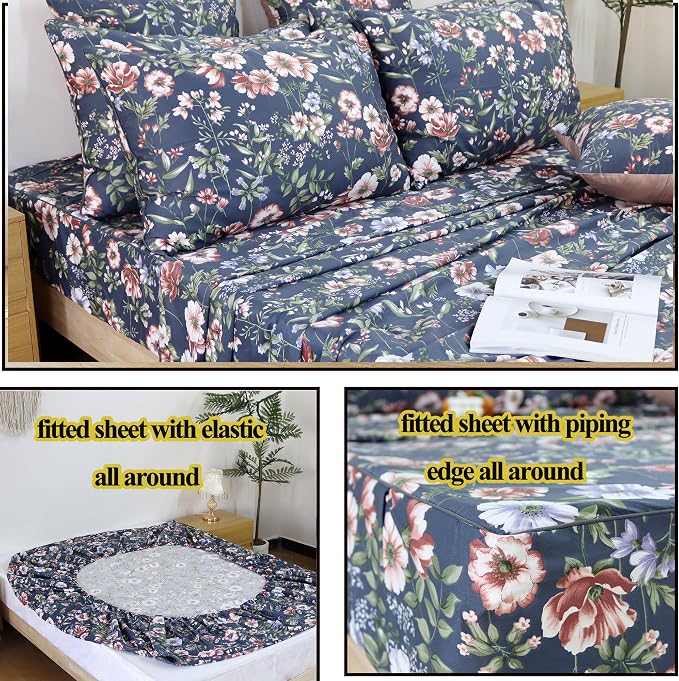 FADFAY Sheets Set King Vintage Dark Blue Floral Bedding Shabby Peony Floral Sheets Navy French Country Farmhouse Bedding 800 Thread Count 100% Egyptian Cotton Deep Pocket Fitted Sheet 4Pcs, King Size