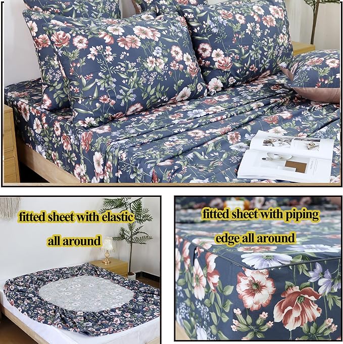 FADFAY Sheets Set Twin Vintage Dark Blue Floral Bedding Shabby Peony Floral Sheets Navy French Country Farmhouse Bedding 800 Thread Count 100% Egyptian Cotton Deep Pocket Fitted Sheet 4Pcs, Twin Size