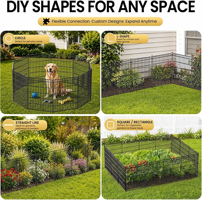 10 Panels No Dig Garden Fence with Gate, 28in(H) × 19.6ft(L) Decorative Metal Outdoor Dog Fence, Rustproof Pet Fencing for Yard, Patio, Flower Bed -Temporary Fencing| Easy to Install