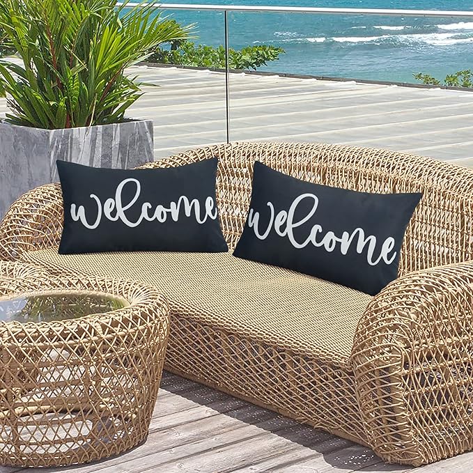 Merrycolor 2 Pack Black & White Outdoor Waterproof Modern Rectangular Throw Pillow Covers, 20" x 12", Welcome Letter Print, Living Room, Outdoor Activities