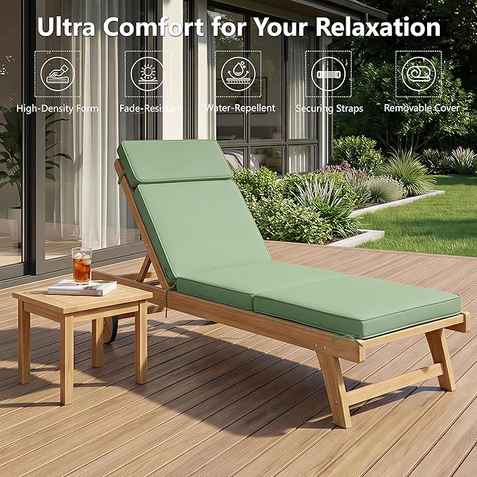 80 x 26 Inch Outdoor Chaise Lounge Cushion - Removable Cover, 4-Section Design, Water-Repellent & Fade-Resistant, 6 Tie Straps, Replacement for Patio & Pool Chairs - Sage Green