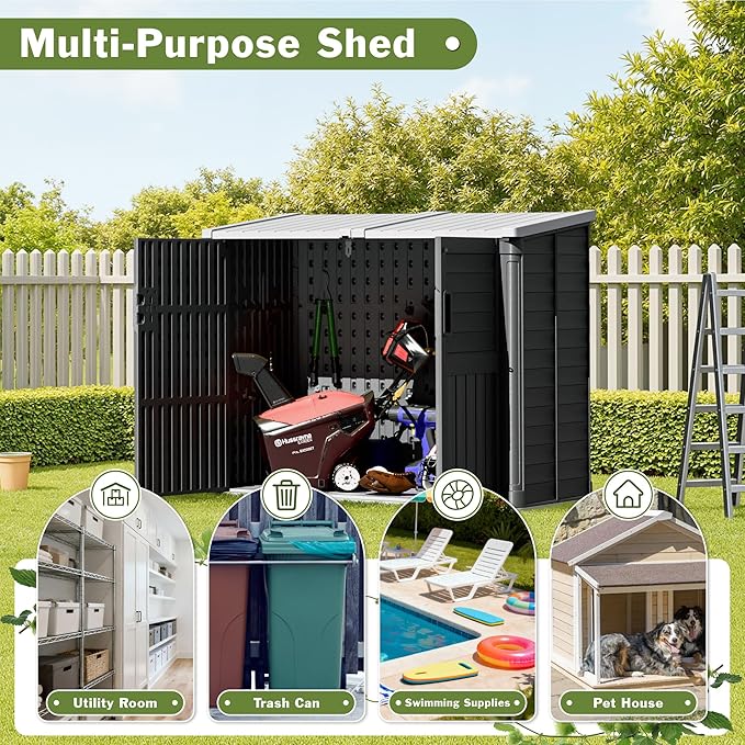 JUMMICO Resin Outdoor Storage Shed, 34 Cu Ft Horizontal Storage Cabinet with Shelves for Trash Cans, Garden Tools, Pool Supplies (Black)